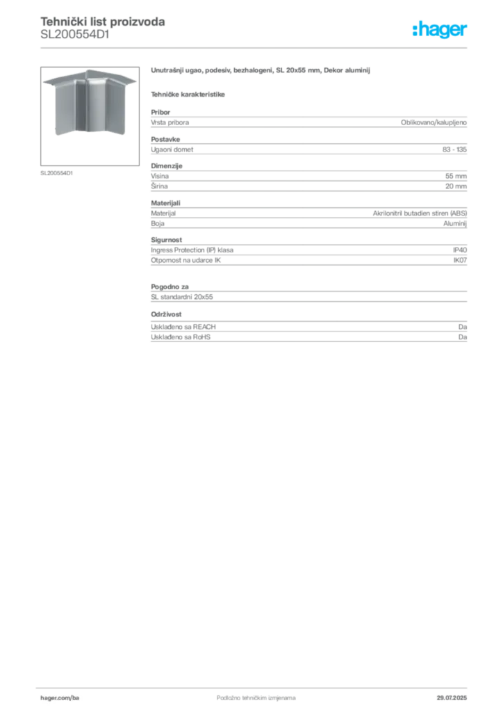 Slika Hager Product data sheet SL200554D1  | Hager