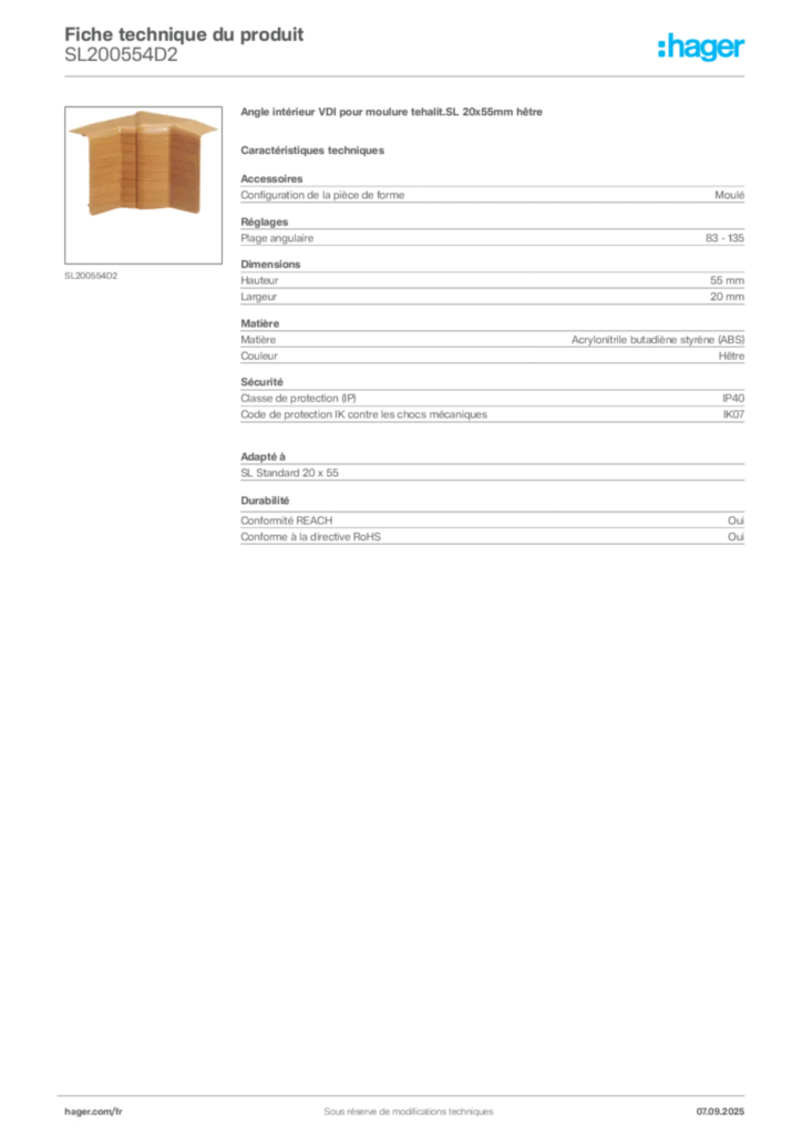 Image Hager Fiche technique du produit SL200554D2 | Hager France