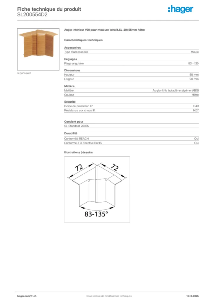 Image Hager Fiche technique du produit SL200554D2 | Hager Suisse
