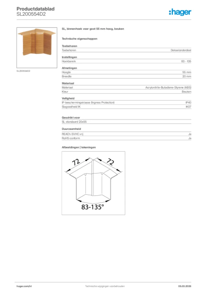 Afbeelding Hager Productdatablad SL200554D2 | Hager Nederland