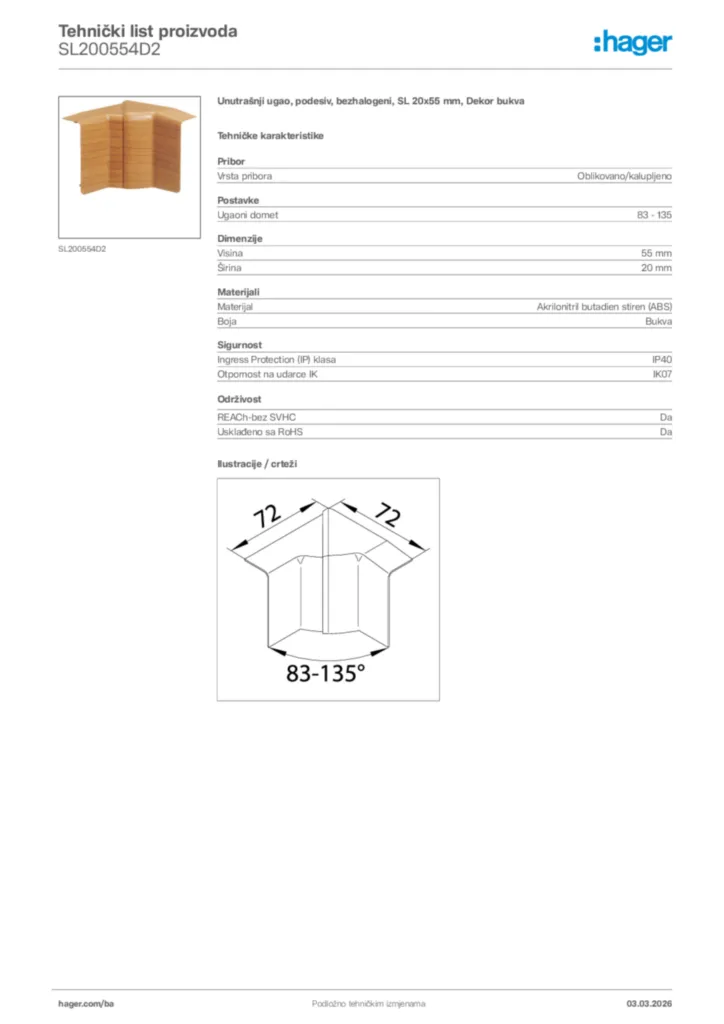 Slika Hager Tehnički list proizvoda SL200554D2  | Hager