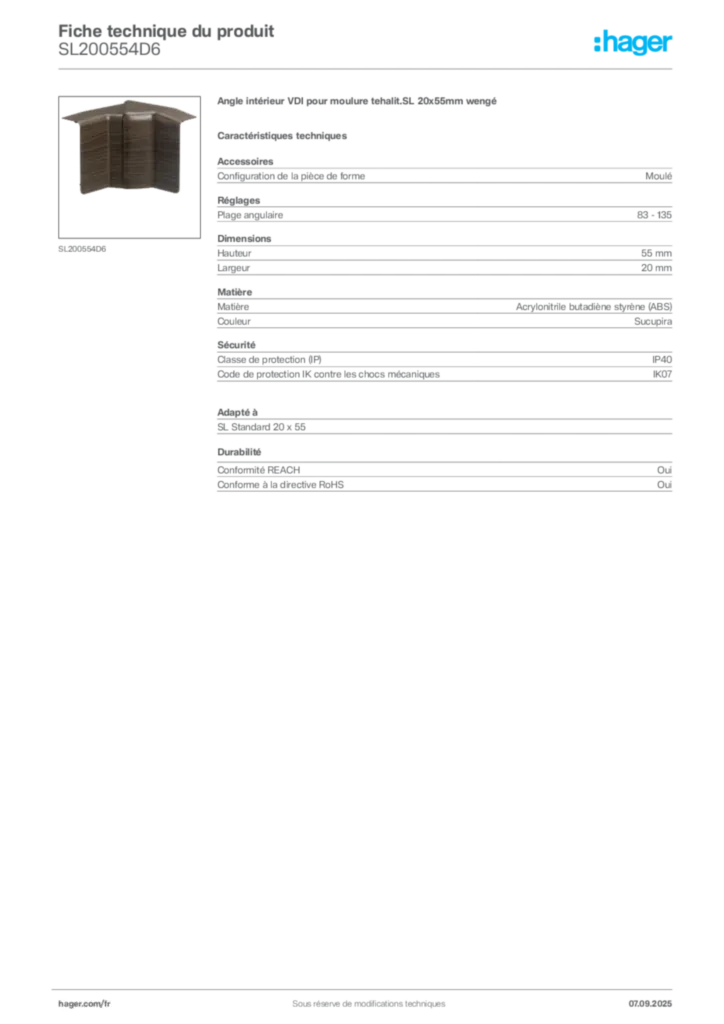 Image Hager Fiche technique du produit SL200554D6 | Hager France