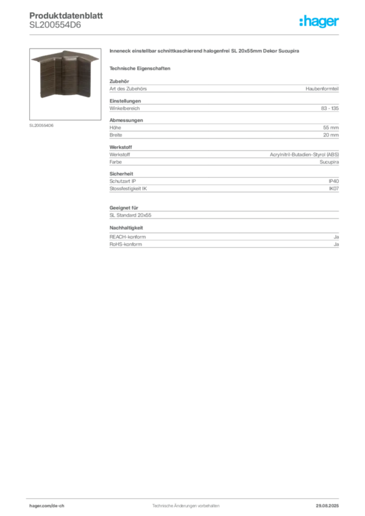 Bild Hager Produktdatenblatt SL200554D6 | Hager Schweiz