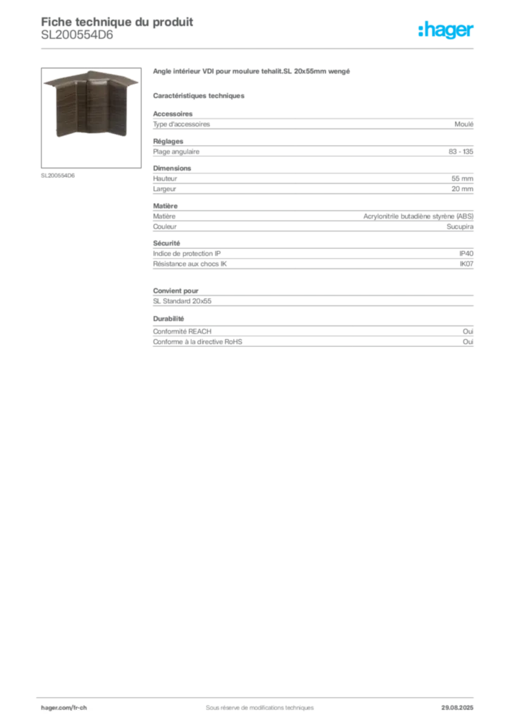 Image Hager Fiche technique du produit SL200554D6 | Hager Suisse