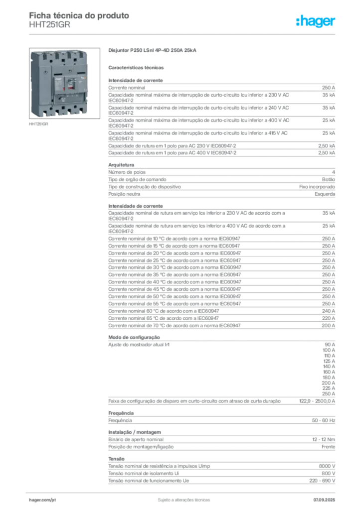 Imagem Hager Ficha técnica do produto HHT251GR | Hager Portugal