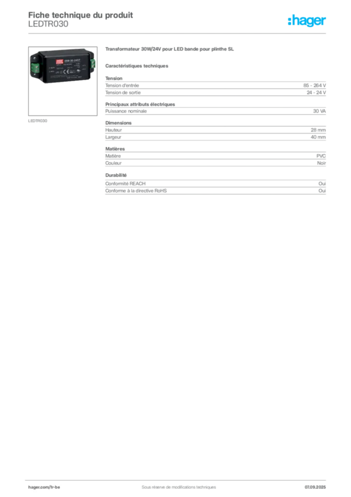 Image Hager Fiche technique du produit LEDTR030 | Hager Belgique