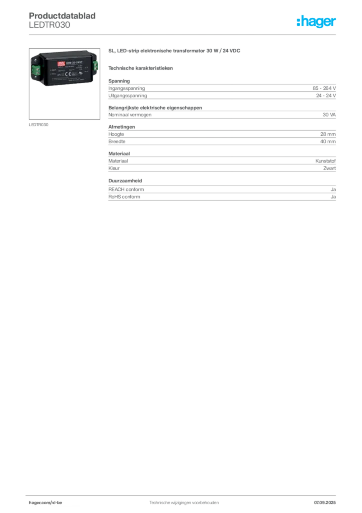 Afbeelding Hager Productdatablad LEDTR030 | Hager Belgium