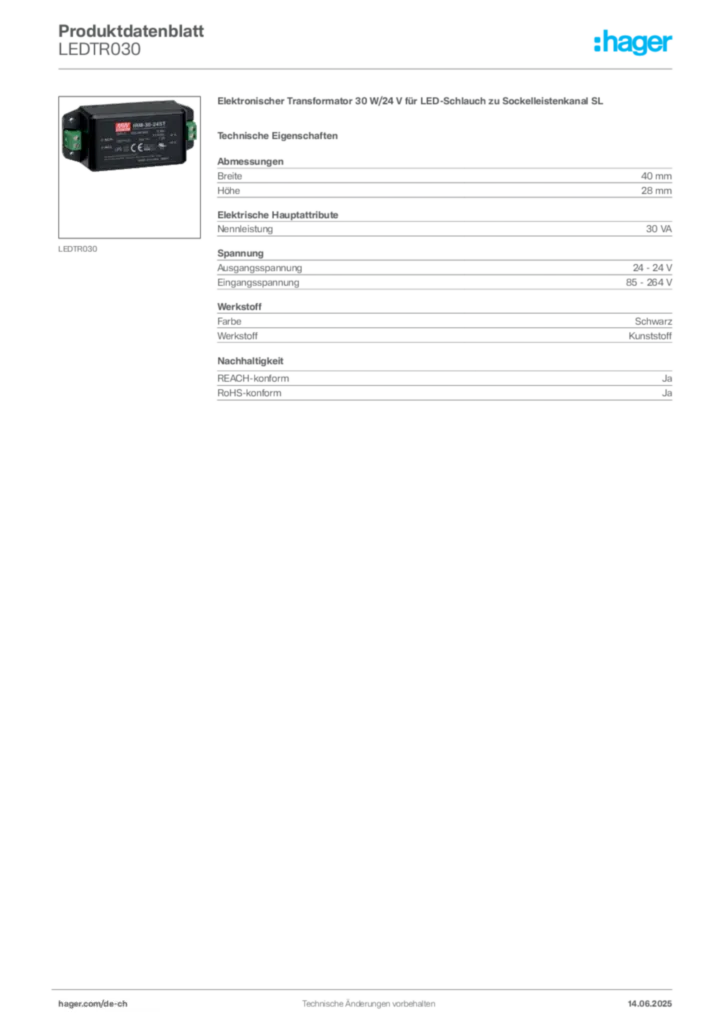 Bild Hager Produktdatenblatt LEDTR030 | Hager Schweiz