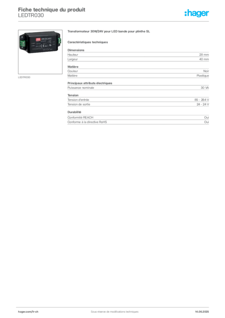Image Hager Fiche technique du produit LEDTR030 | Hager Suisse