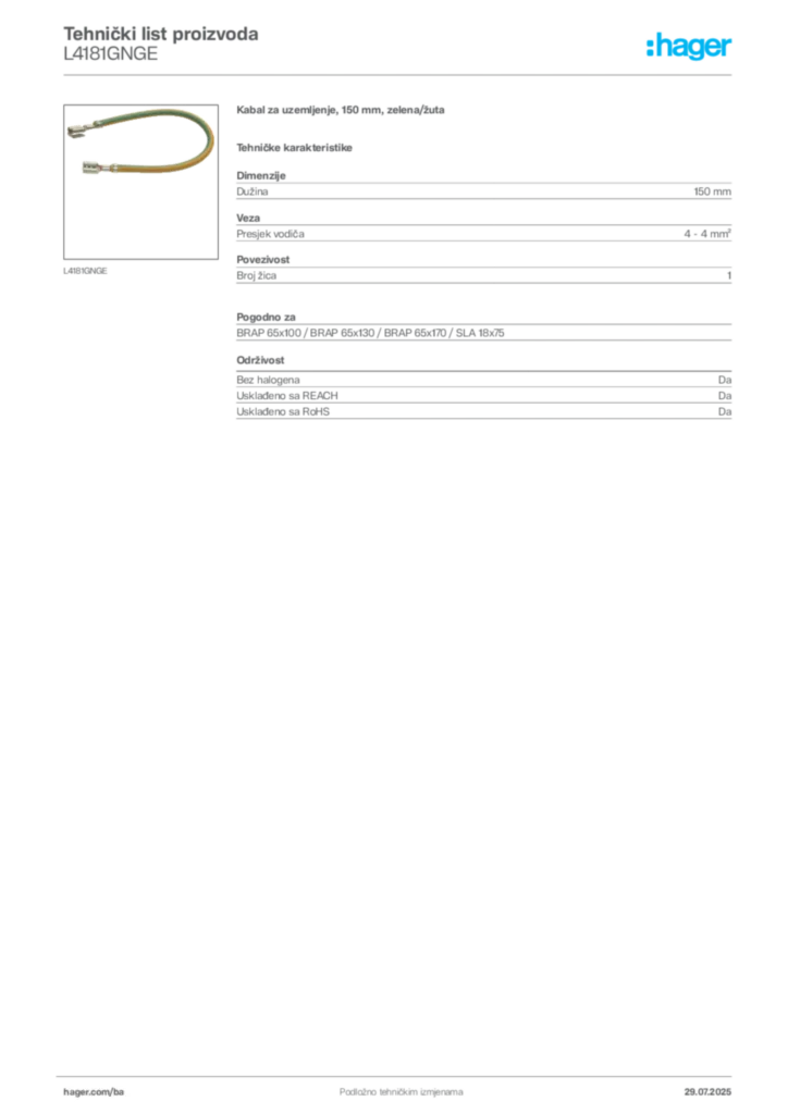 Slika Hager Product data sheet L4181GNGE  | Hager