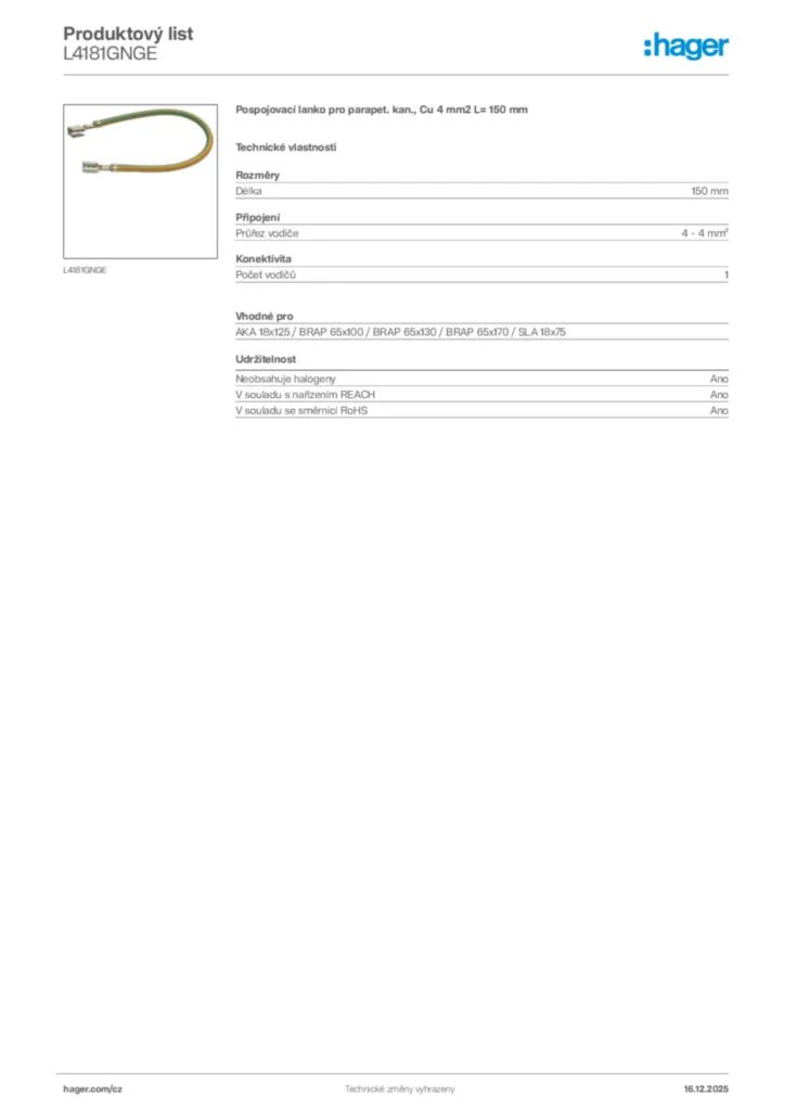 Obrázek Hager Produktový list L4181GNGE | Hager