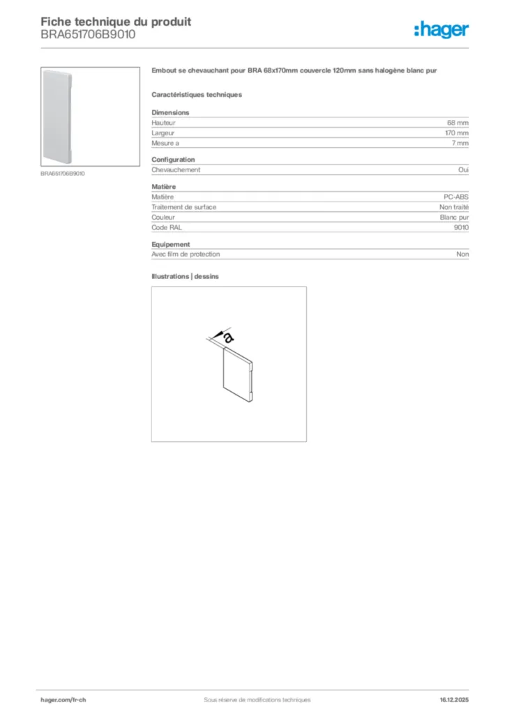 Image Hager Fiche technique du produit BRA651706B9010 | Hager Suisse
