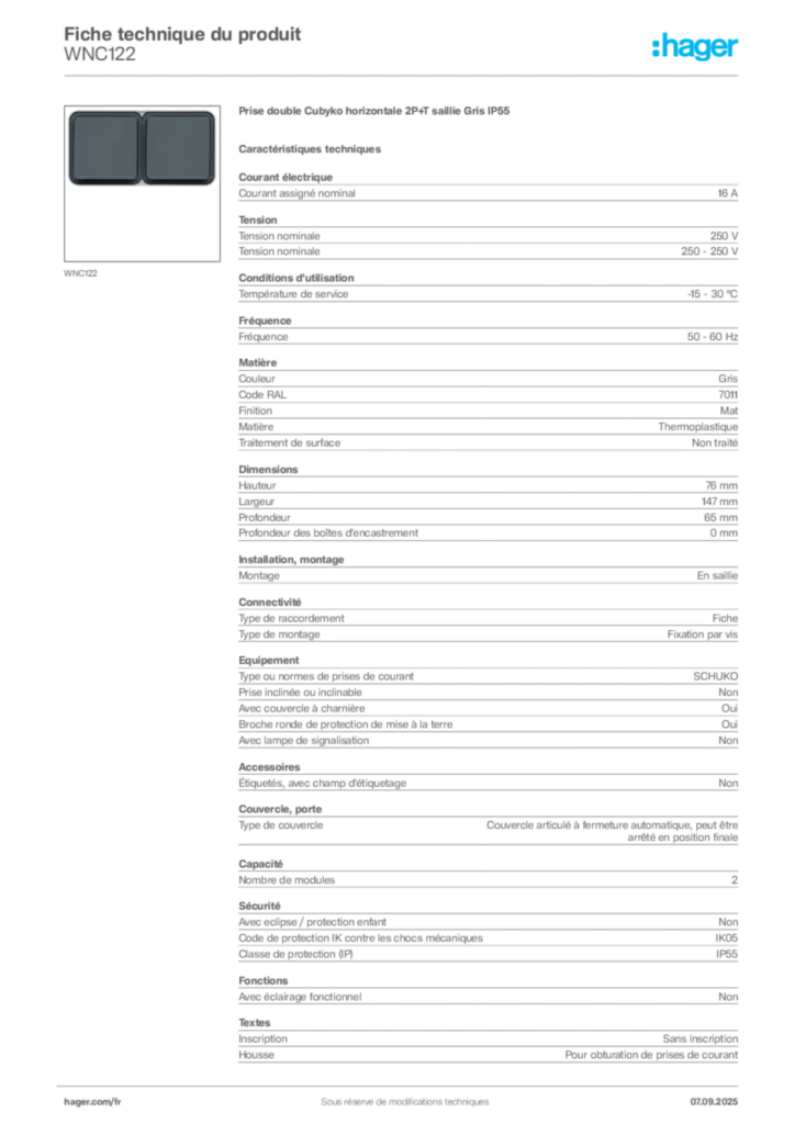 Image Hager Fiche technique du produit WNC122 | Hager France