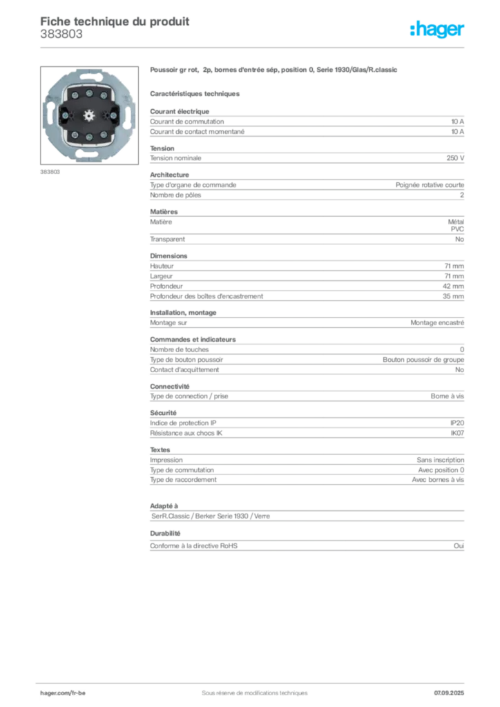 Image Hager Fiche technique du produit 383803 | Hager Belgique