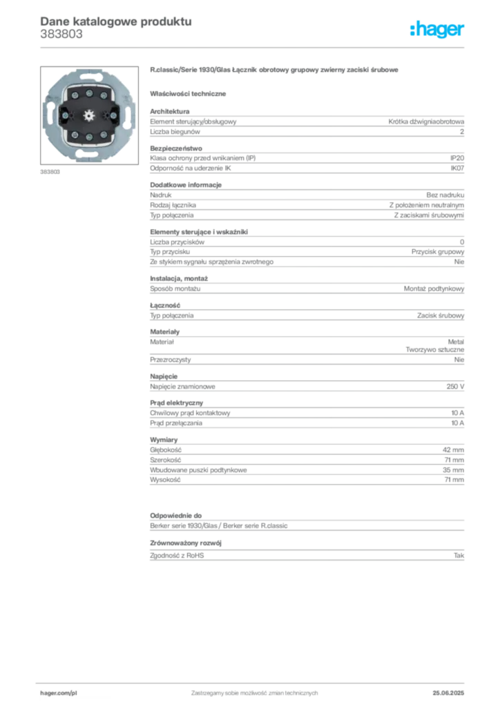 Zdjęcie Hager Karta katalogowa 383803 | Hager Polska