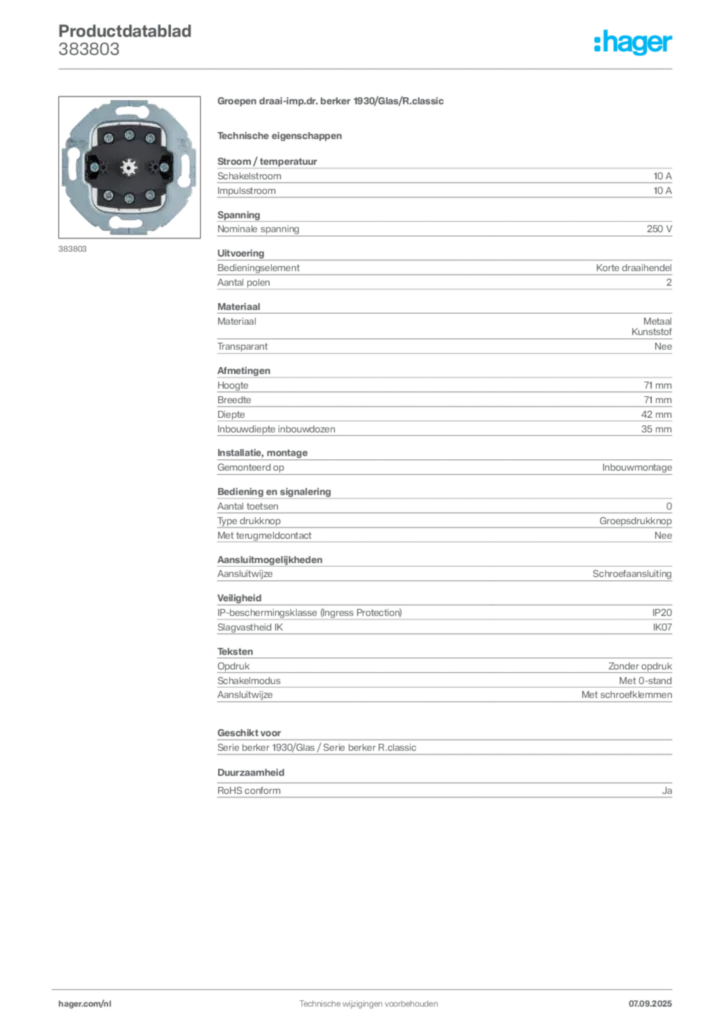 Afbeelding Hager Productdatablad 383803 | Hager Nederland