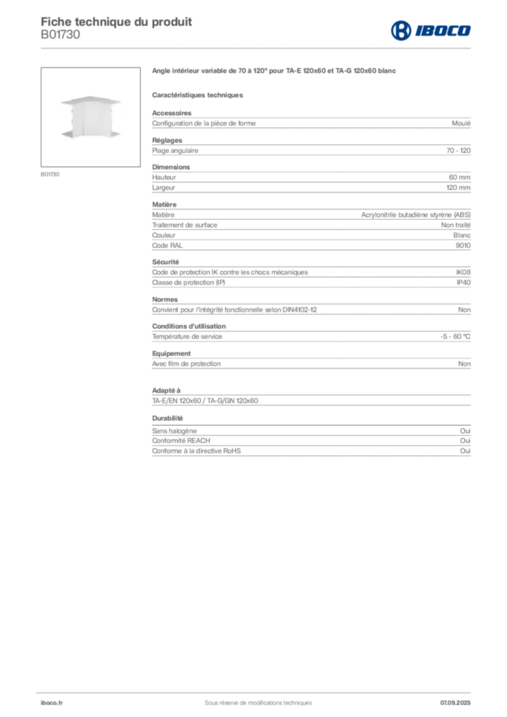 Image Iboco Fiche technique du produit B01730 | Hager France