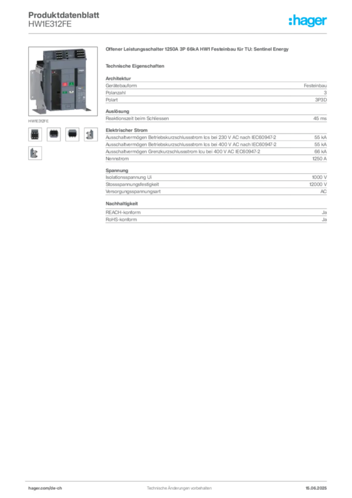 Bild Hager Produktdatenblatt HW1E312FE | Hager Schweiz
