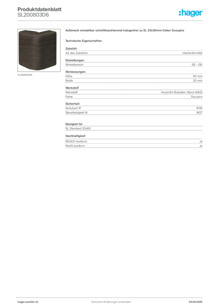 Bild Hager Produktdatenblatt SL200803D6 | Hager Schweiz