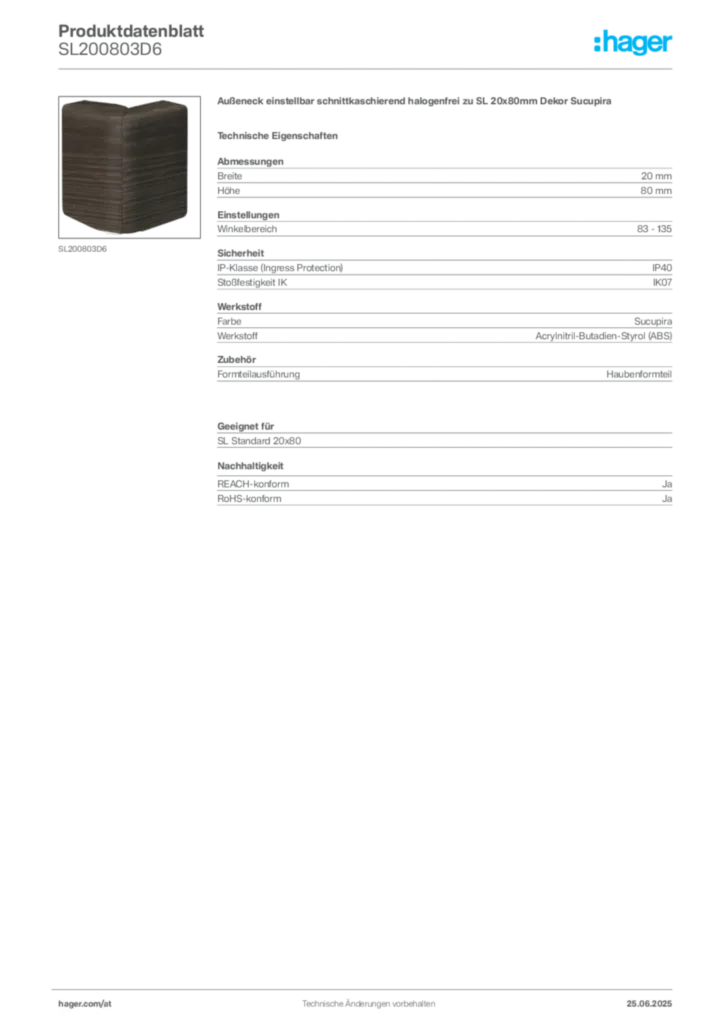 Bild Hager Produktdatenblatt SL200803D6 | Hager Deutschland