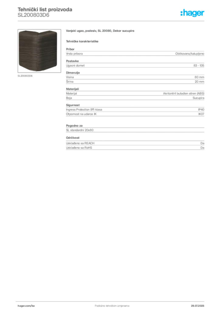 Slika Hager Product data sheet SL200803D6  | Hager