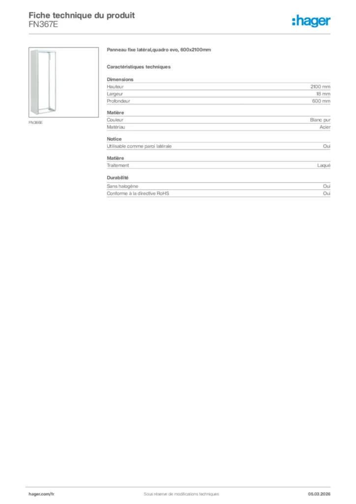 Image Hager Fiche technique du produit FN367E | Hager France