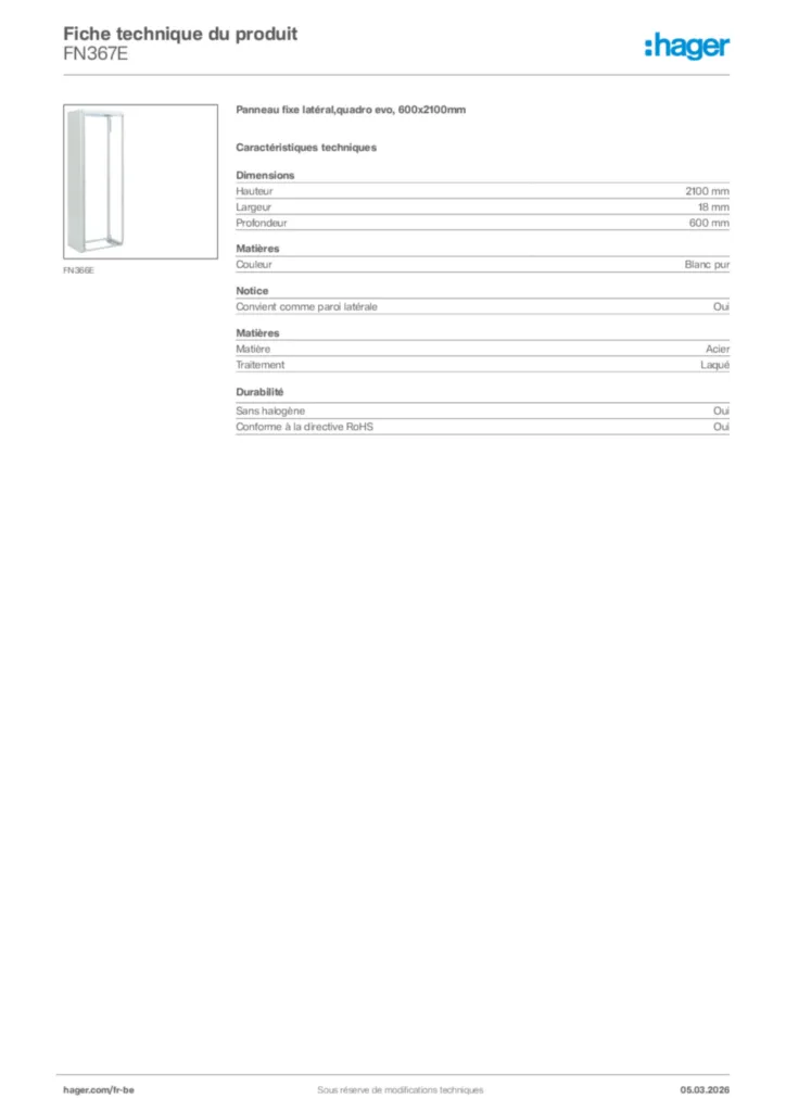 Image Hager Fiche technique du produit FN367E | Hager Belgique
