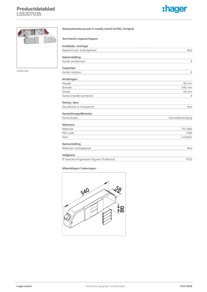 Afbeelding Hager Productdatablad L55307035 | Hager Nederland