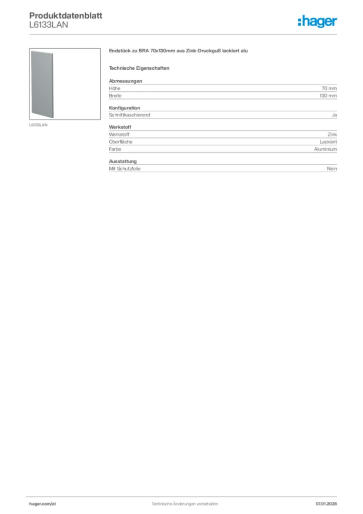 Bild Hager Produktdatenblatt L6133LAN | Hager Deutschland