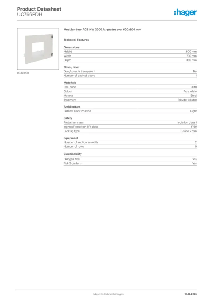 Image Hager Product data sheet UC766PDH  | Hager Africa