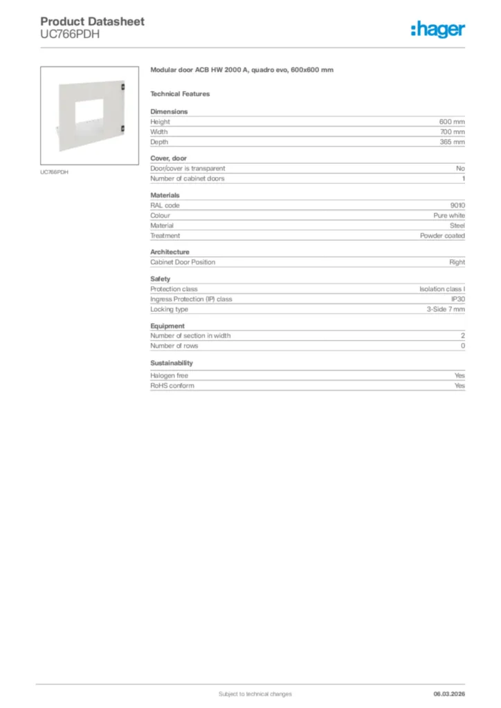 Image Hager Product data sheet UC766PDH  | Hager Africa