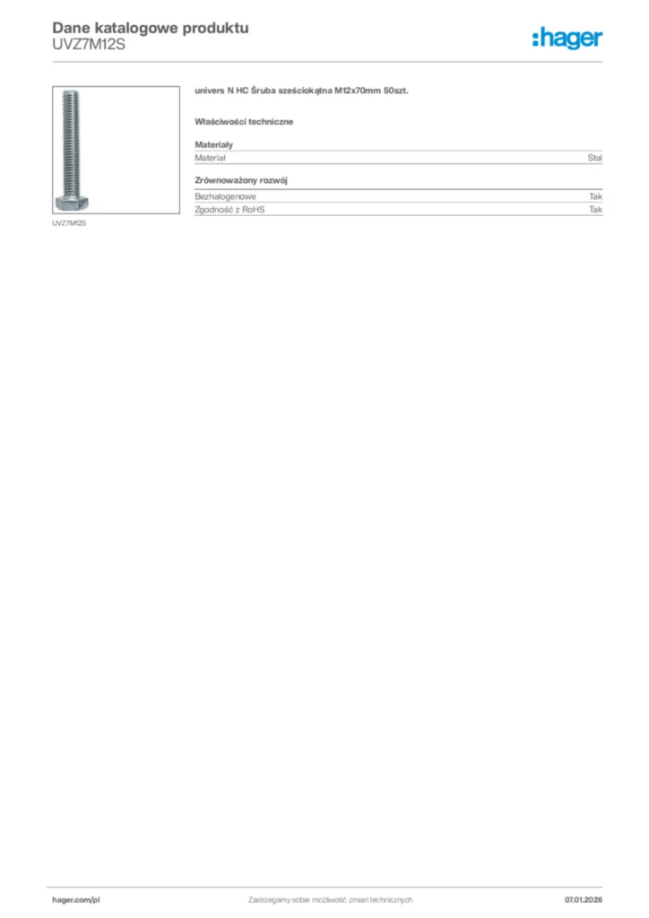 Zdjęcie Hager Karta katalogowa UVZ7M12S | Hager Polska