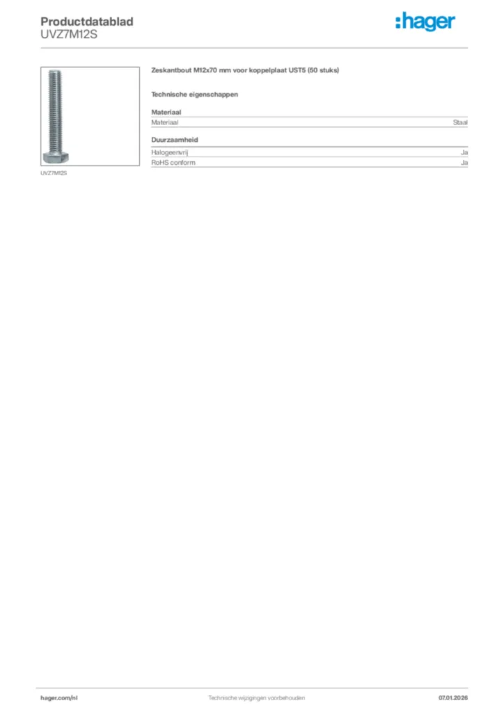 Afbeelding Hager Productdatablad UVZ7M12S | Hager Nederland