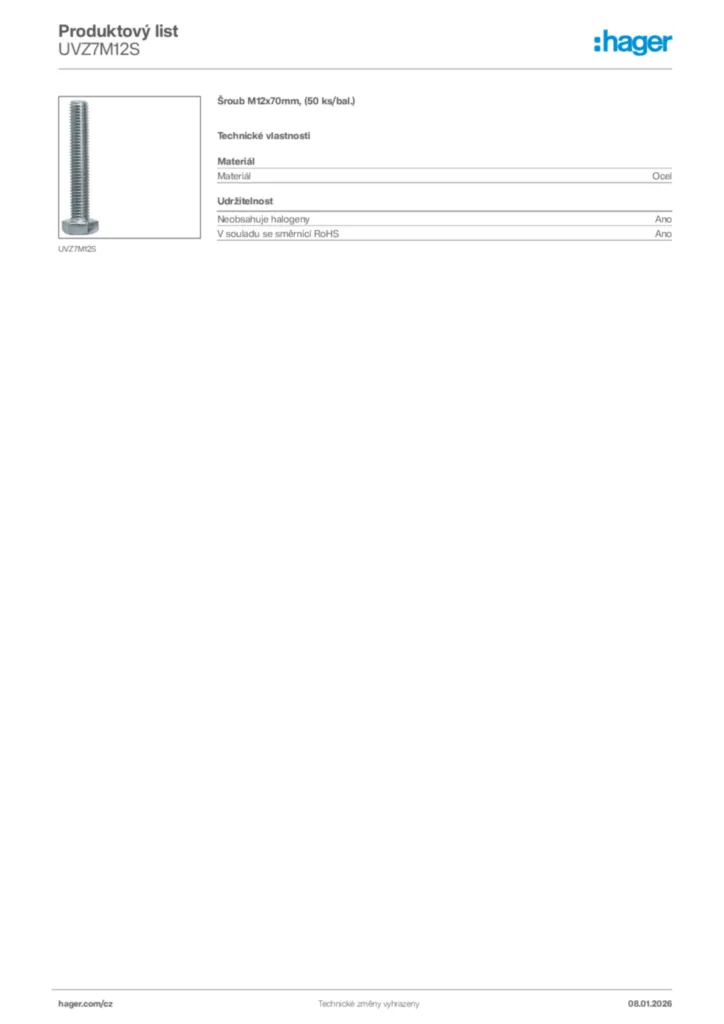 Obrázek Hager Product data sheet UVZ7M12S | Hager