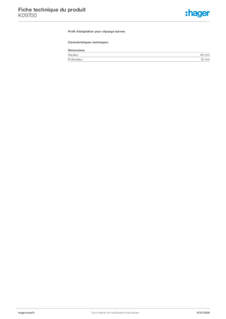 Image Hager Fiche technique du produit K09700 | Hager France