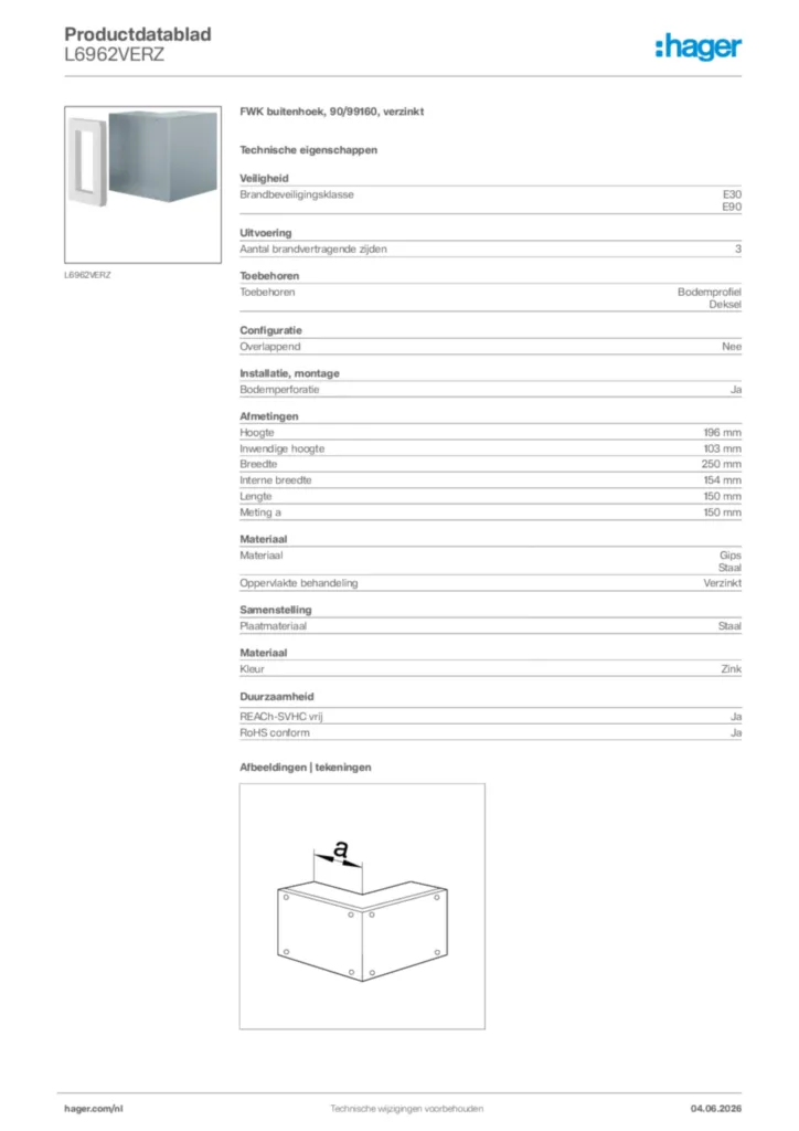 Afbeelding Hager Productdatablad L6962VERZ | Hager Nederland