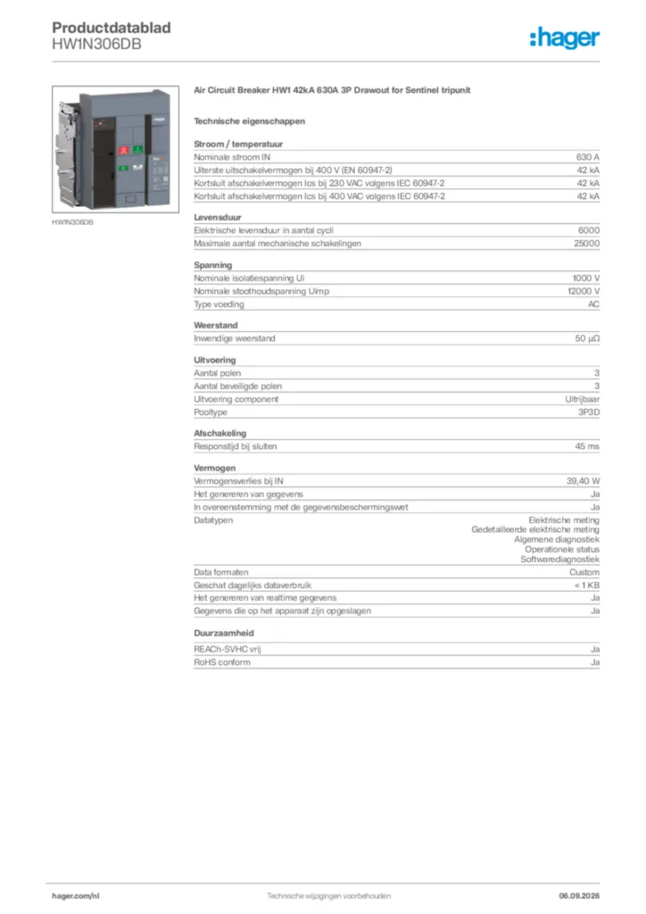 Afbeelding Hager Productdatablad HW1N306DB | Hager Nederland