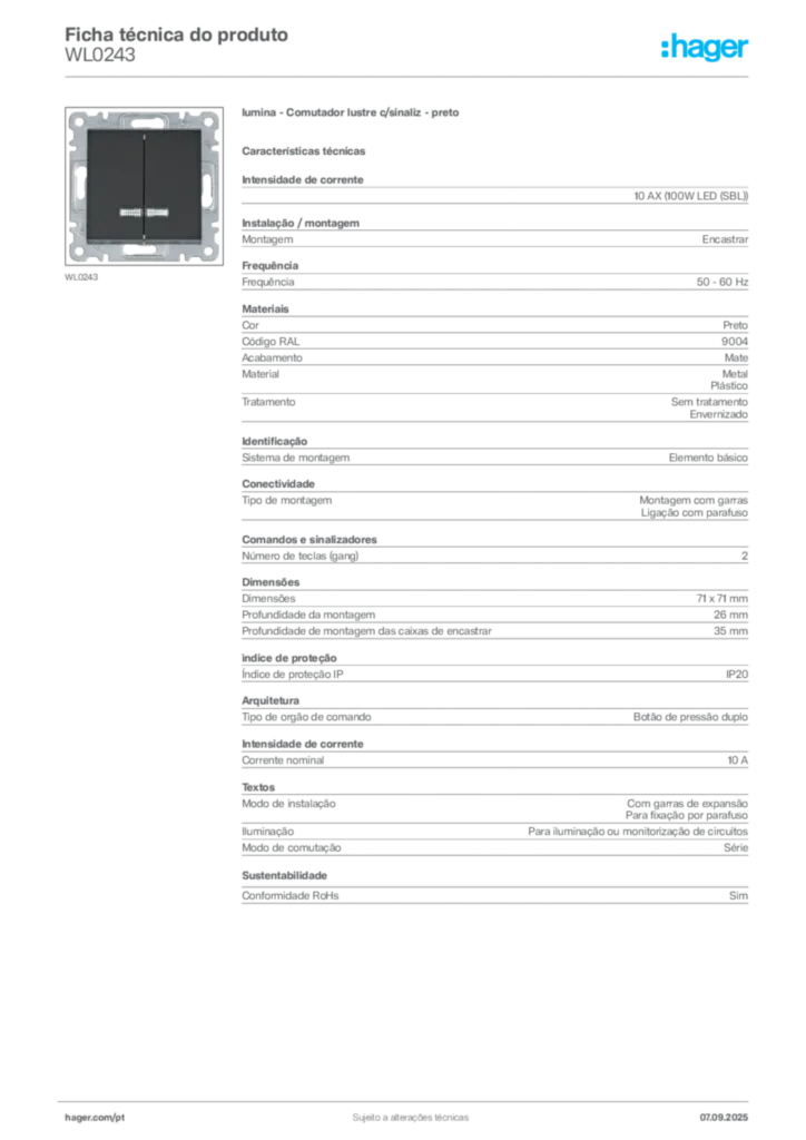 Imagem Hager Ficha técnica do produto WL0243 | Hager Portugal