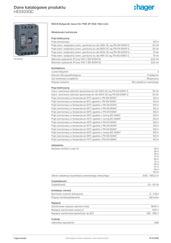 Zdjęcie Hager Karta katalogowa HES100GC | Hager Polska