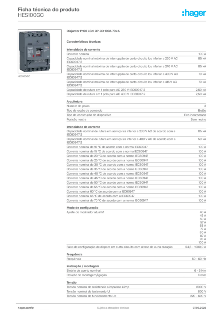 Imagem Hager Ficha técnica do produto HES100GC | Hager Portugal