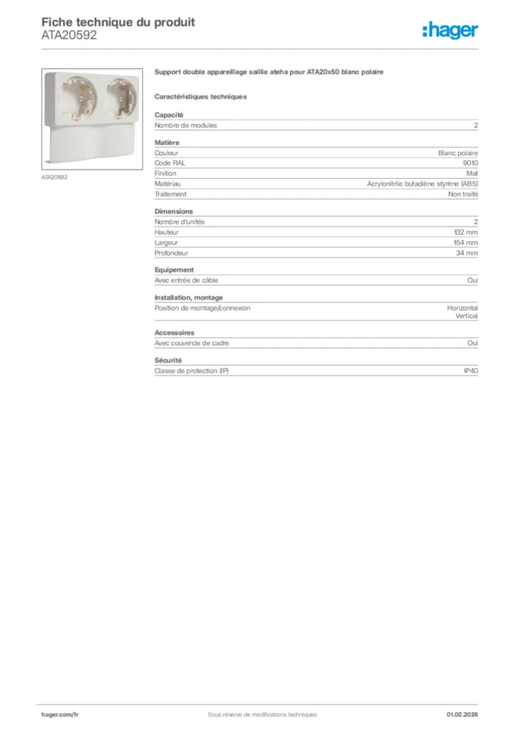 Image Hager Fiche technique du produit ATA20592 | Hager France