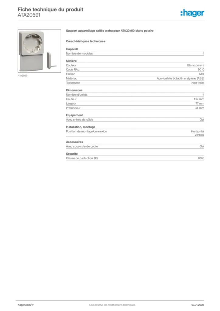 Image Hager Fiche technique du produit ATA20591 | Hager France