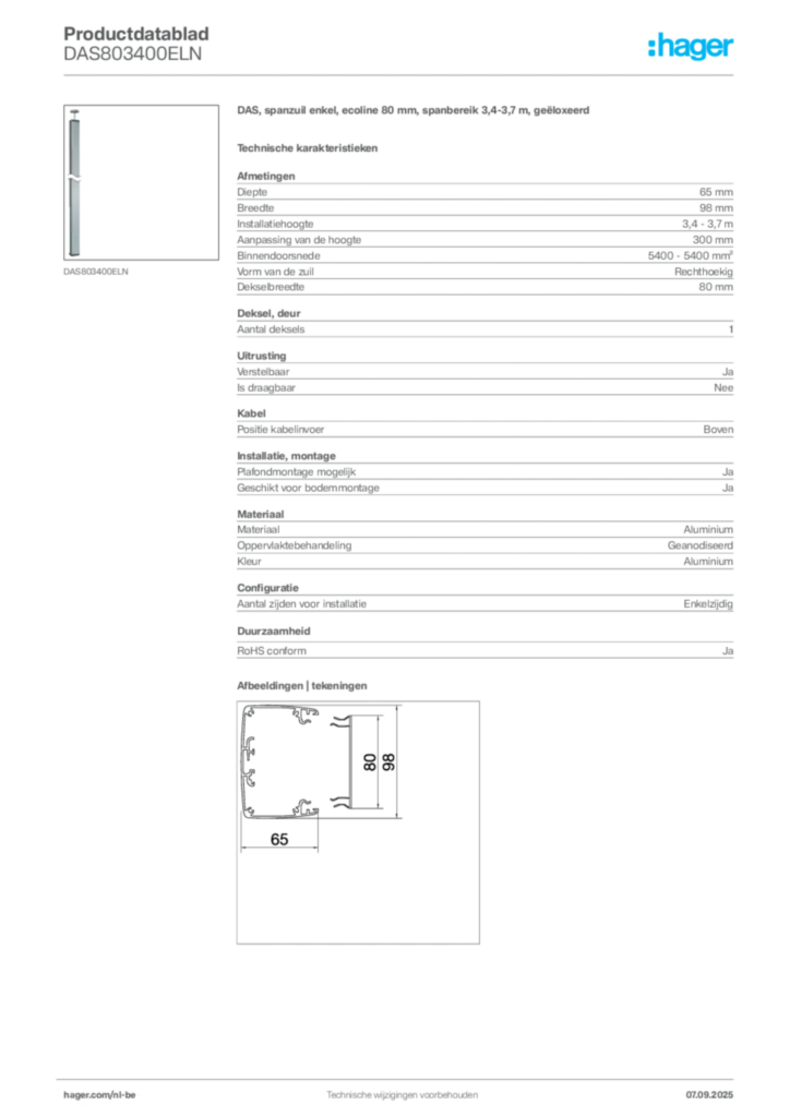 Afbeelding Hager Productdatablad DAS803400ELN | Hager Belgium
