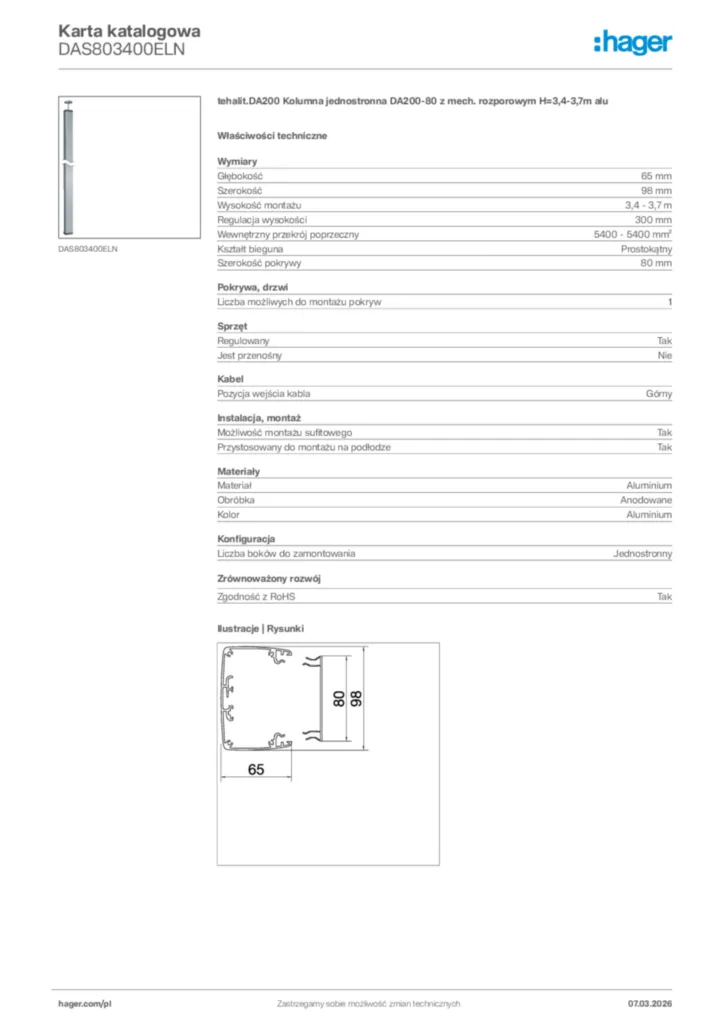 Zdjęcie Hager Karta katalogowa DAS803400ELN | Hager Polska