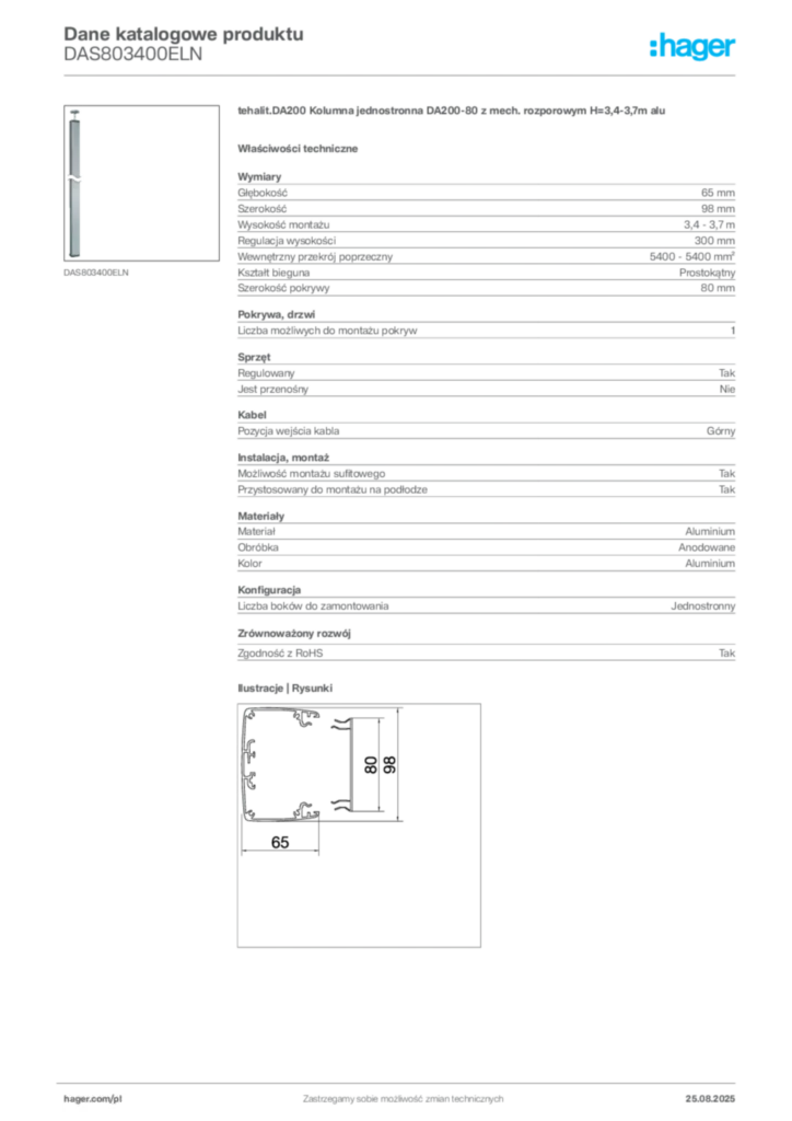 Zdjęcie Hager Karta katalogowa DAS803400ELN | Hager Polska