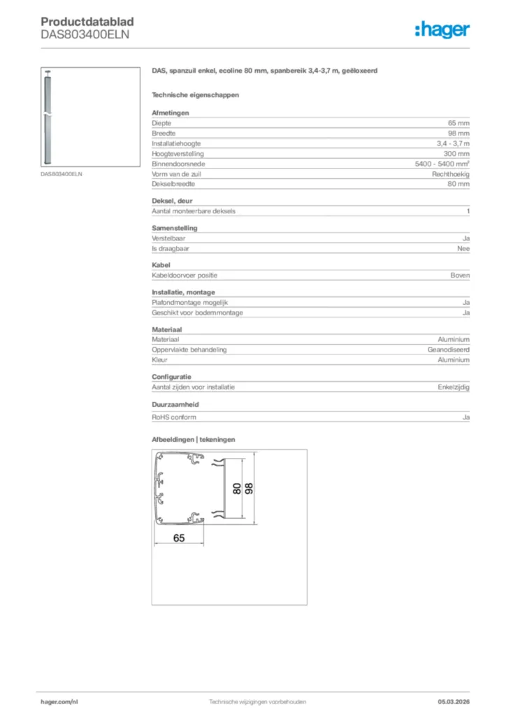 Afbeelding Hager Productdatablad DAS803400ELN | Hager Nederland