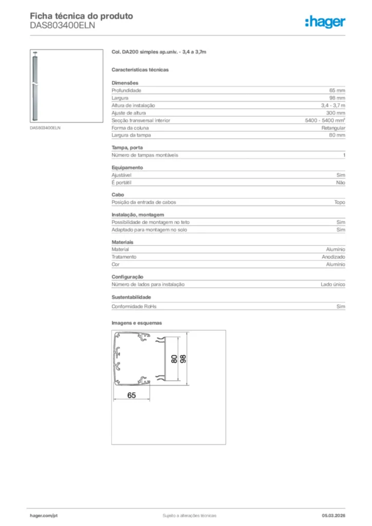 Imagem Hager Ficha técnica do produto DAS803400ELN | Hager Portugal