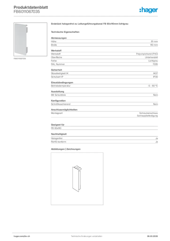 Bild Hager Produktdatenblatt FB6011067035 | Hager Schweiz