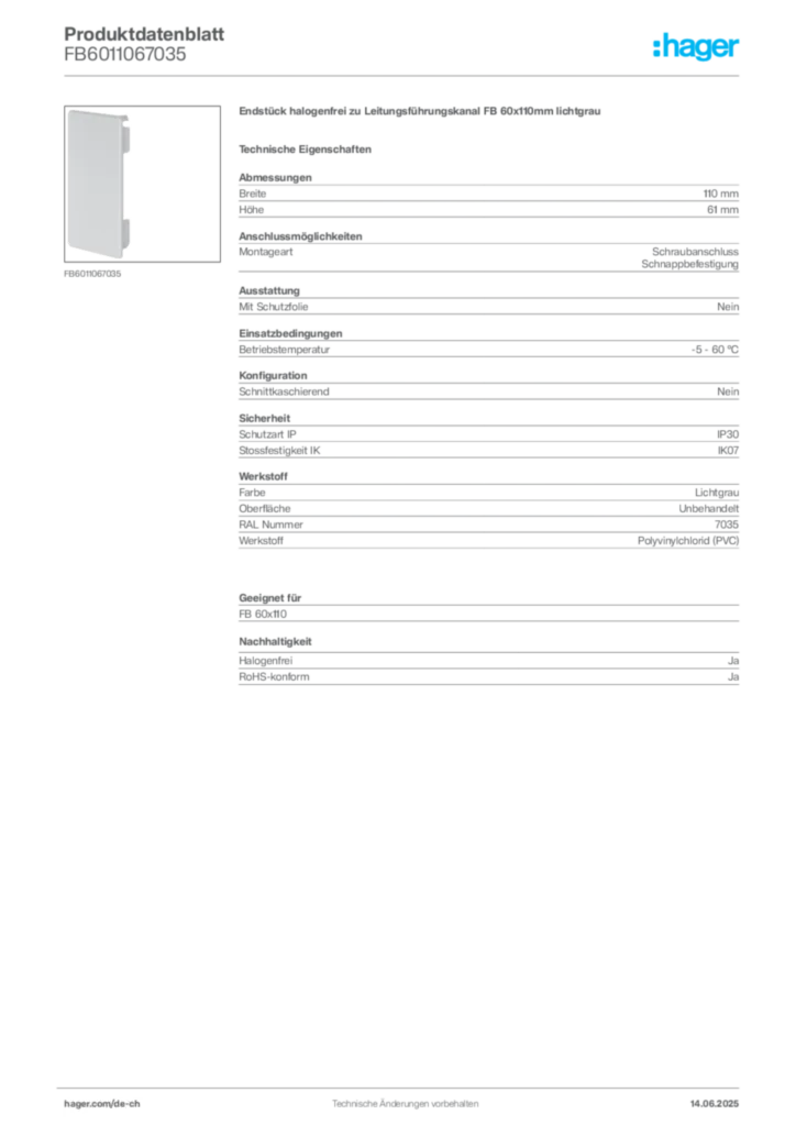 Bild Hager Produktdatenblatt FB6011067035 | Hager Schweiz