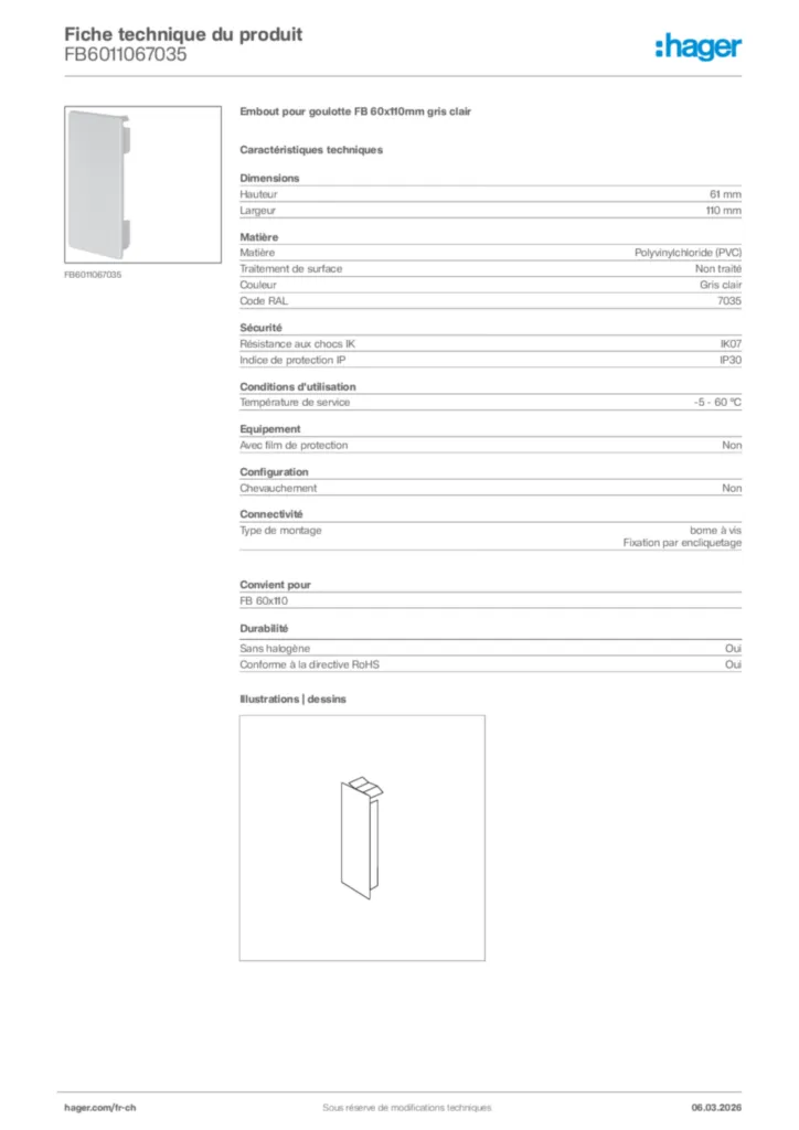 Image Hager Fiche technique du produit FB6011067035 | Hager Suisse